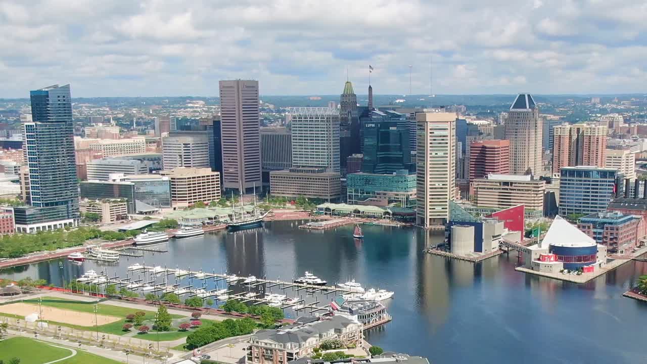 Inner Harbor, Baltimore, Maryland. Cityscape on a sunny summer day with cloudy sky