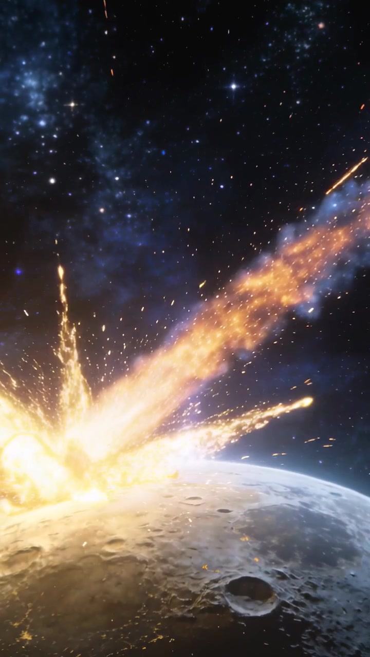Video verticale: Un meteoroide, attratto dalla gravità, si tuffa verso il bordo craterizzato di un pianeta, spargendo scintille.