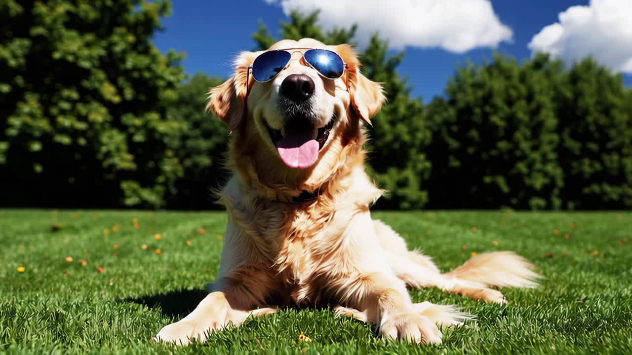 Parkta güneş gözlüğü takan mutlu Golden Retriever