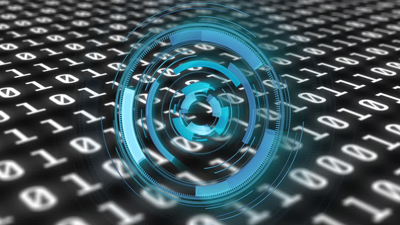 Rotating blue circle with digital binary code animation in futuristic style