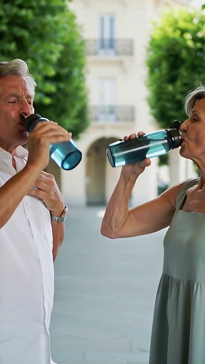 Vertical video: Heat driving seniors in summer wear drinking from blue bottles, flip lids at plaza