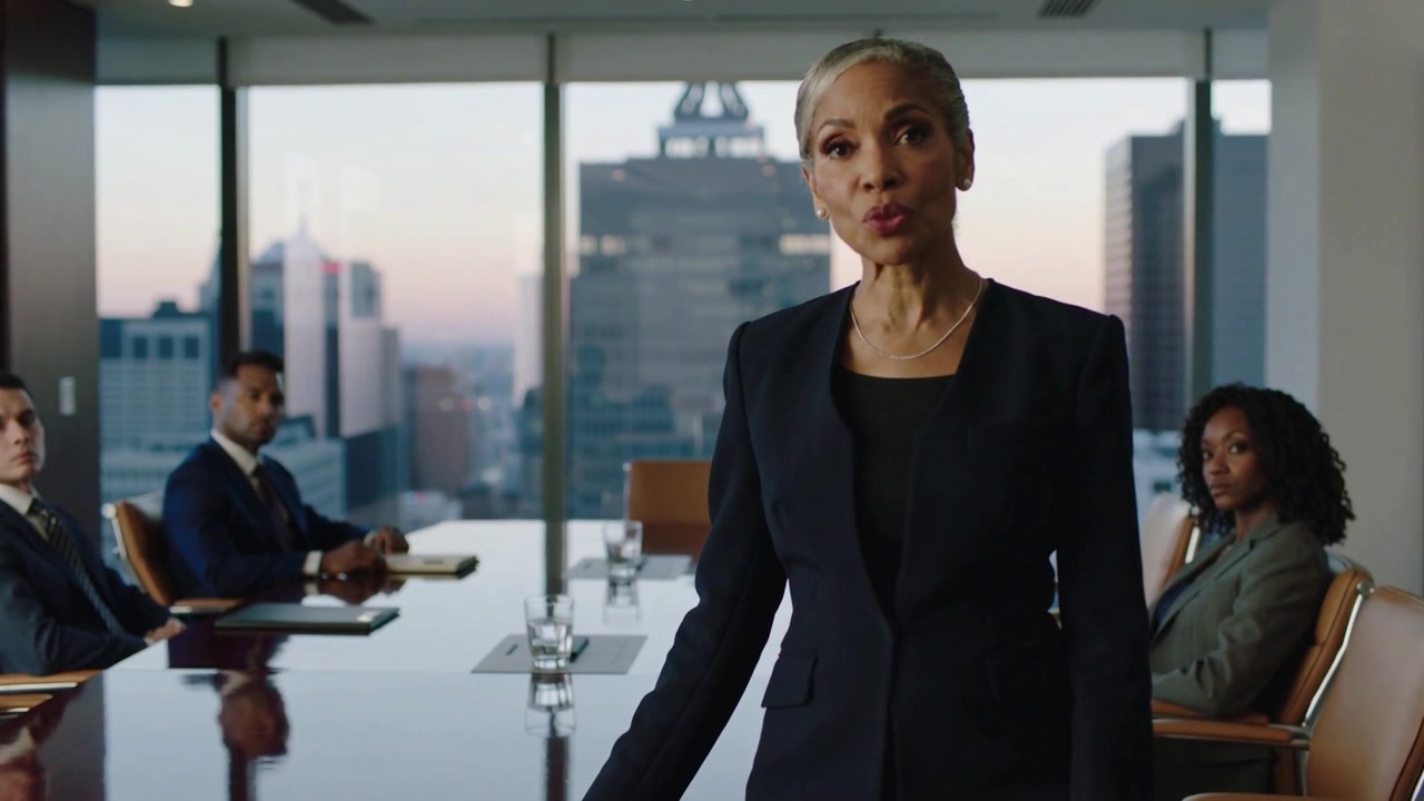 Placing briefcase, senior Black woman in dark suit leading strategy in boardroom with pads