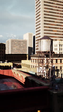 aerial view of a city skyline with a water tower on a rooftop