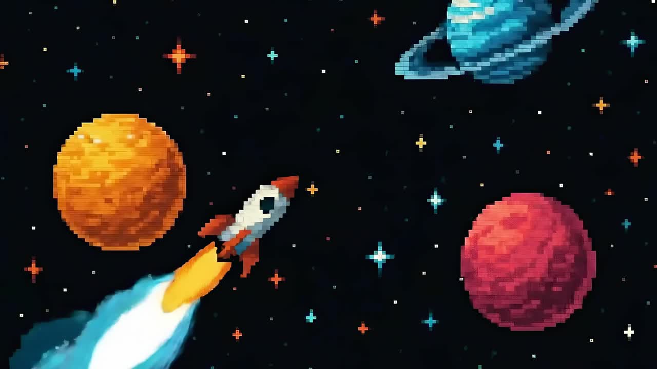 Pixel art video game style with a top-down angle, featuring a rocket and colorful planets
