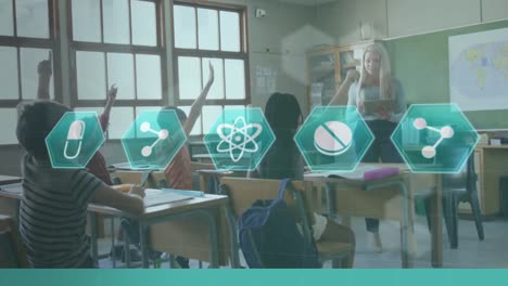 múltiples iconos médicos contra la maestra que enseña en clase en la escuela