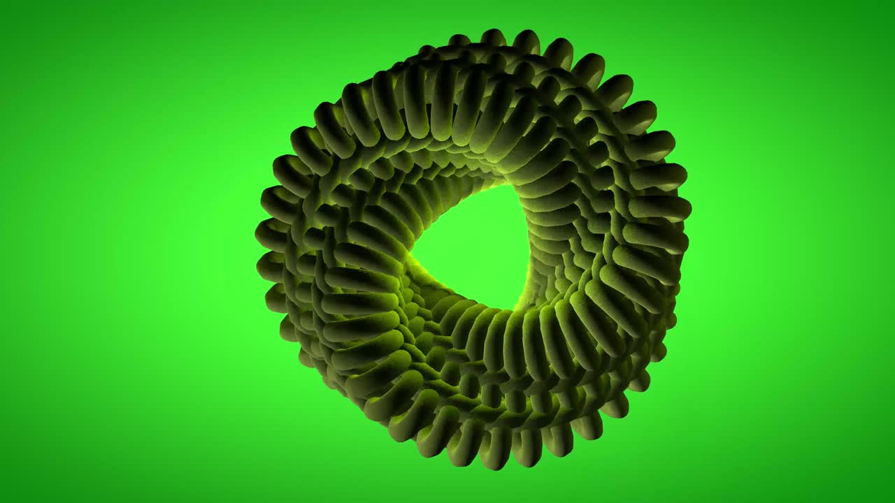animación de bucle abstracto en 3d de una espiral retorcida hecha de toroides de hierba mate con fondo de gradiente verde cielo.