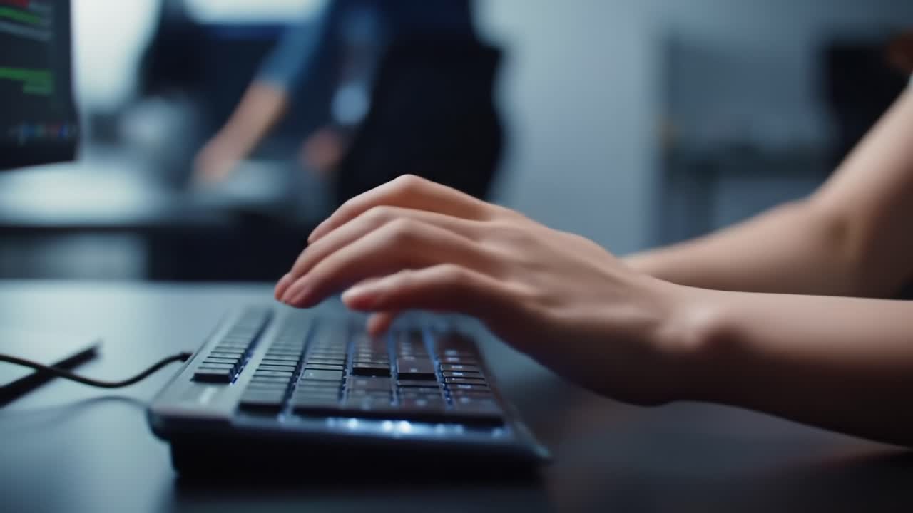 A Close-Up View of Fingers Typing Rapidly on a Computer Keyboard, Capturing the Intensity and Focus of Digital Communication in a Modern Workspace Environment