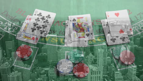 animation of playing cards and chips on board over cityscape