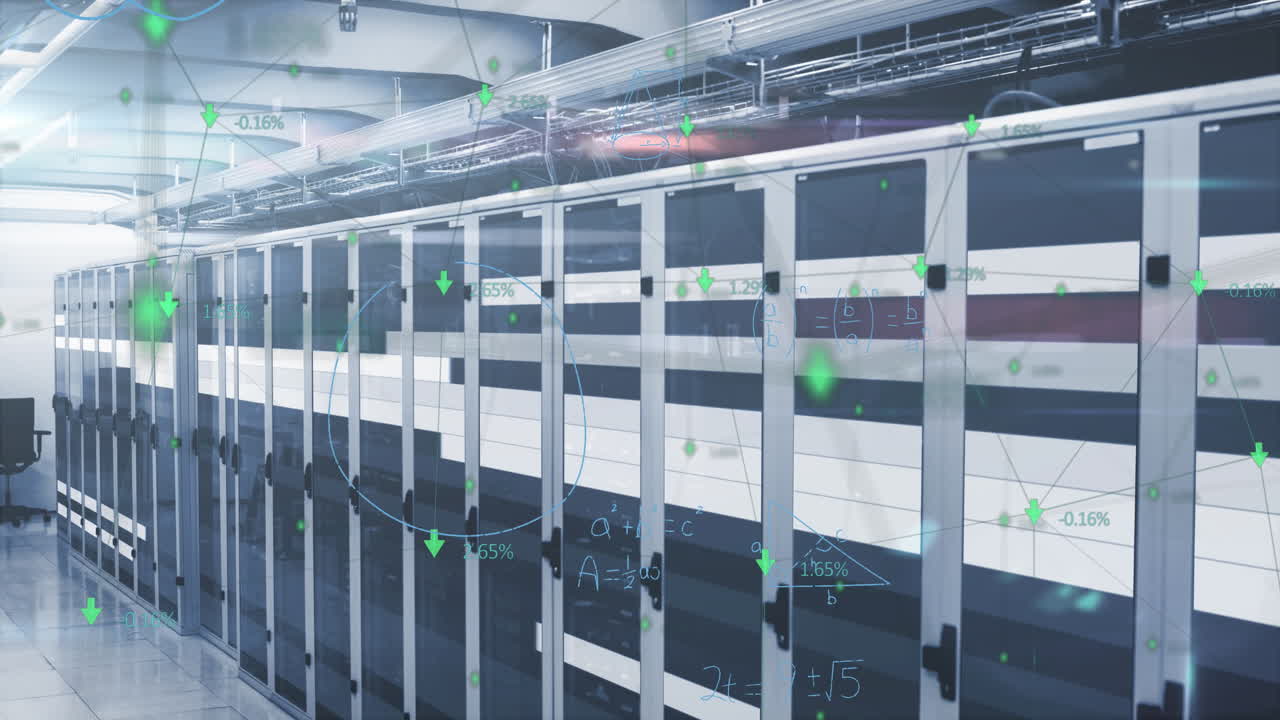 컴퓨터 서버 ropm에 대한 디지털 아이콘 및 수학 방정식 네트워크의 애니메이션