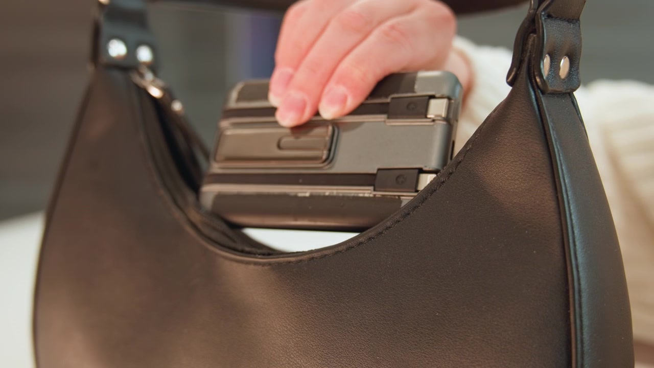 Scena ravvicinata all'altezza degli occhi di una mano che inserisce un dispositivo rettangolare compatto in una borsa a mano aperta in pelle martellata marrone su un espositore da interno di un negozio, con bordo flessibile, texture cucita e illuminazione commerciale soffusa.