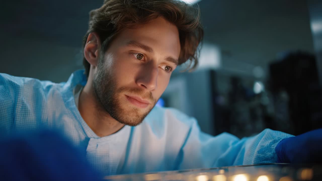 Focused scientist examining samples under controlled conditions in a laboratory, demonstrating dedication and attention to detail while wearing protective gear and ensuring precision in research processes