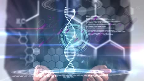 Animación-De-Cadena-De-ADN-Y-Procesamiento-De-Datos-Sobre-Un-Hombre-De-Negocios-Caucásico.