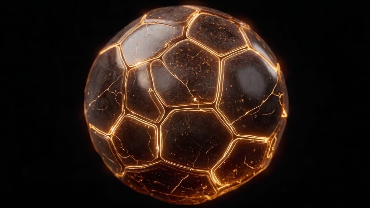 Un primo piano ipnotico di una sfera texturizzata con intricati motivi esagonali e crepe illuminate, che cattura la bellezza dei dettagli superficiali su uno sfondo scuro