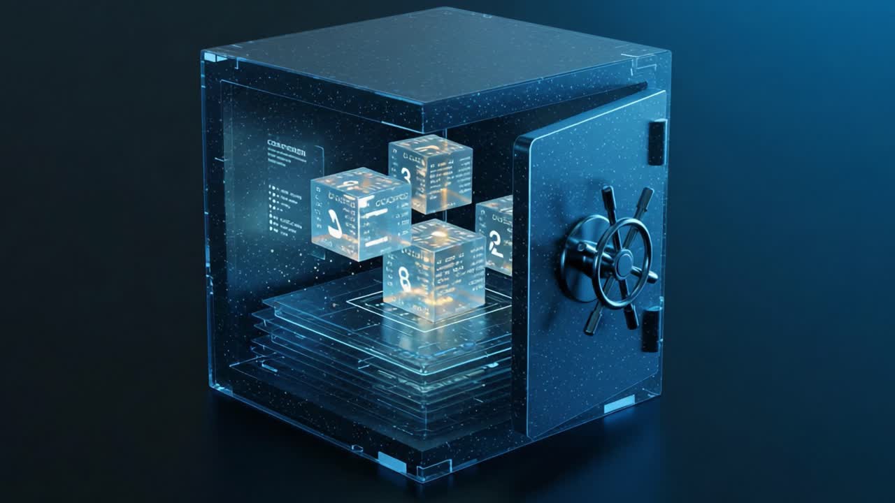 A High-Tech Vault Showcasing Glowing Data Cubes and Access Layers: A Futuristic Digital Asset Storage Solution with Advanced Security Features