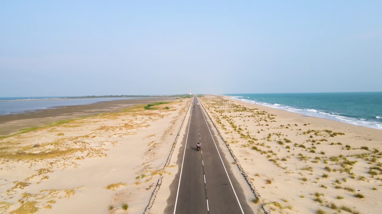 Picturesque aerial drone shot of Dhanushkodi’s serene landscape, where history and nature converge.