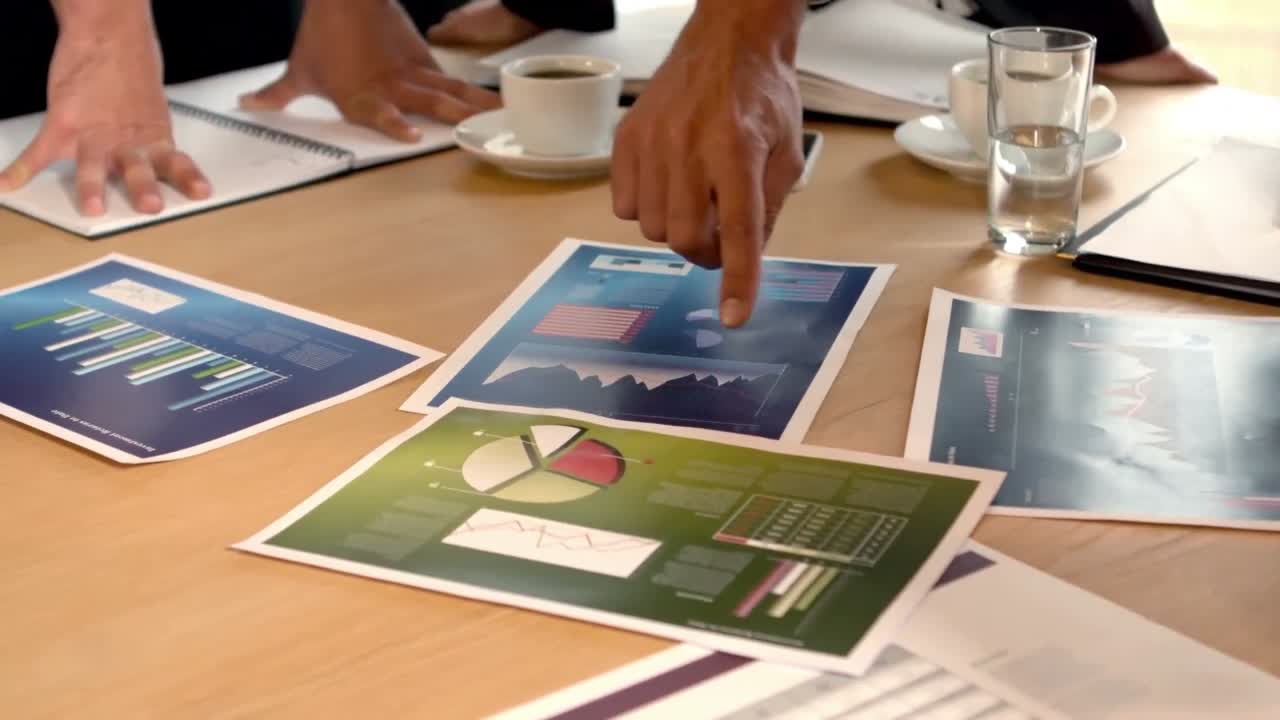 Graphics on table looked by business people in meeting