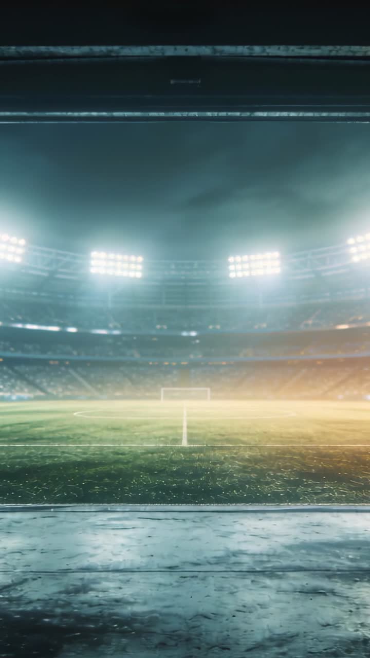 Video verticale: LED che pulsano, nebbia che sale sul campo, rete illuminata, pavimento bagnato illuminato, creando un'atmosfera sportiva drammatica.