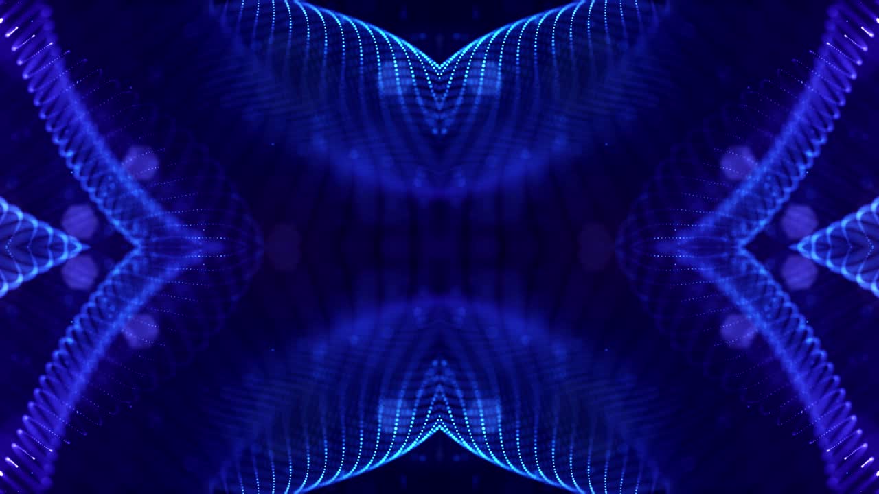 4k looped sci-fi 3d abstract animation. Glow blue particles form lines, symmetrical structures like in microworld or cosmic space. For holiday presentations, ceremonies as vj loop motion design