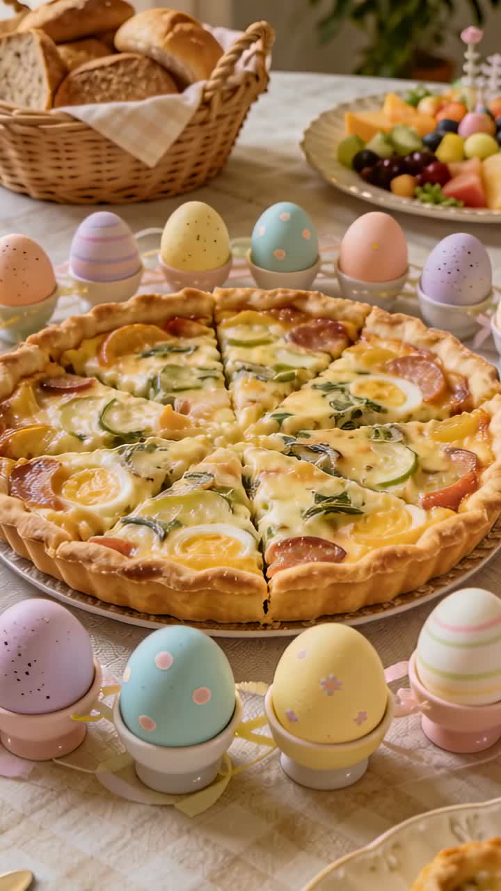 Tilting and zooming camera keeping savory tart quiche centered on dining table, with pastel eggs