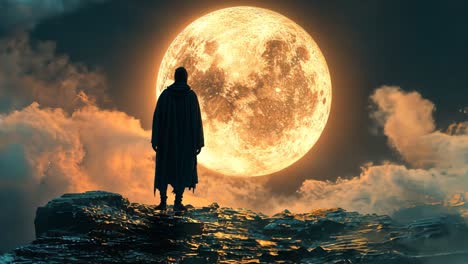 person gazes at a large glowing moon over a misty landscape at night