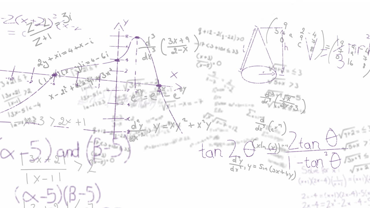 Animation of mathematical equations, diagrams and formulas floating against white background