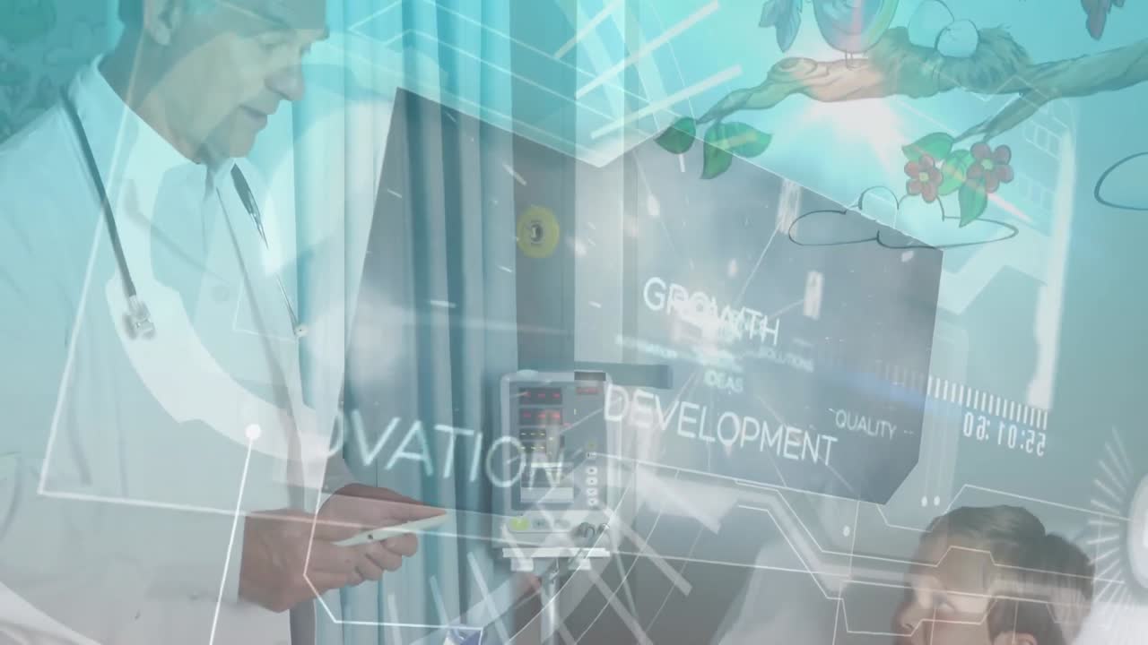 디지털 화면의 애니메이션에서 백인 남성 의사와 소년에 대한 텍스트