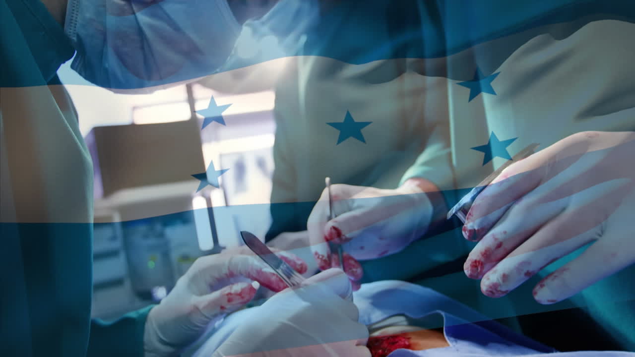 Animation of flag of honduras waving over surgeons in operating theatre