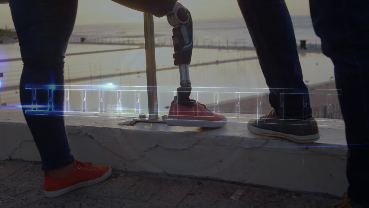 dna 구조 및 데이터 처리는 산책로에서 의족 다리를 가진 여성의 낮은 부분에 대해