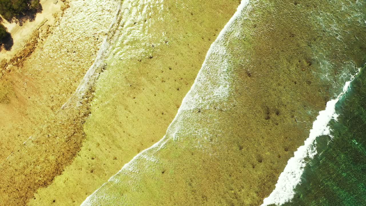 얕은 석호, 하얀 파도, 이국적인 해변의 때묻지 않은 모래, 안티구아의 녹색 노란색 색상으로 아름다운 바다 질감