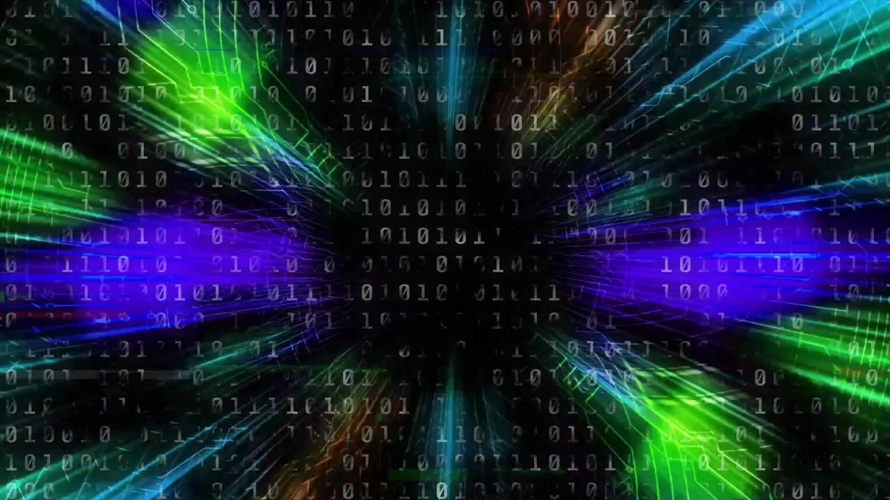Binäres Raster und Farbschlieren, die von den Rändern ausgehen und spiegelnde Cluster bilden, zur Visualisierung des Datenflusses