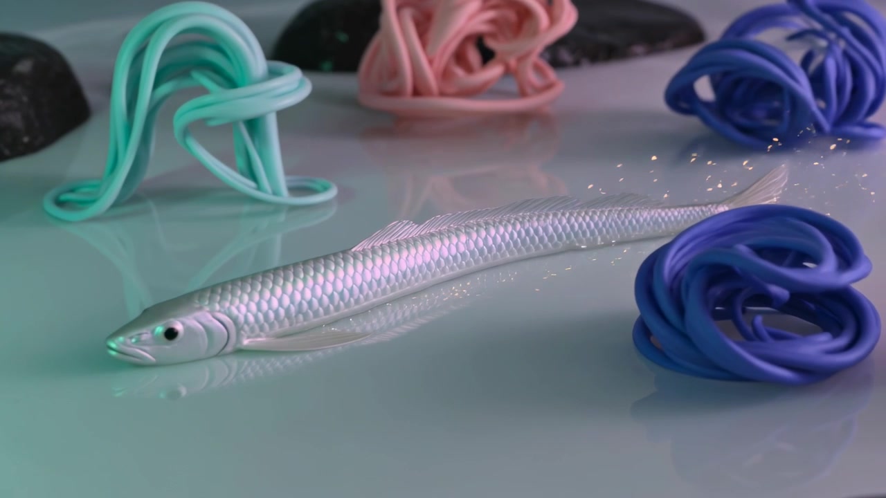 Gliding fish elongating on tabletop with pastel coils, tail flexing trailing glow catching light