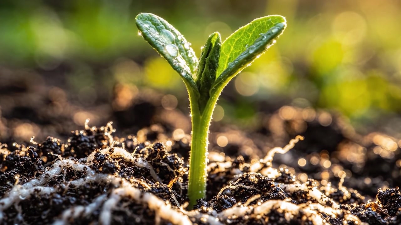 Affascinante percorso di crescita di un giovane germoglio che emerge da terreno fertile, mostrando la resilienza della natura e la bellezza della nuova vita sotto la soffice luce del mattino.