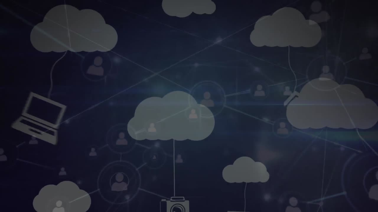 Animation of networks of connections over clouds and icons on dark background