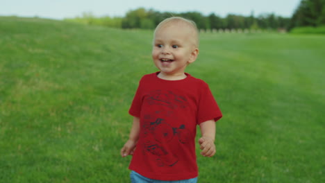 toddler walking in green field