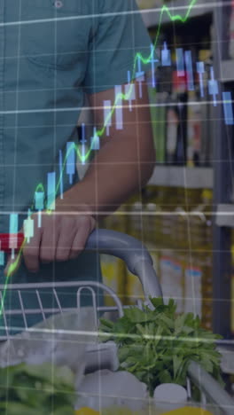 animation of data processing over caucasian man with trolley in shop