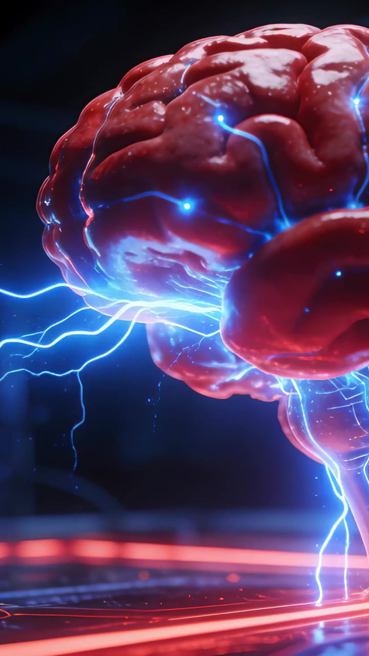 Vertical video: Responding to pulsing red platform, large red brain sending blue arcs for lab test