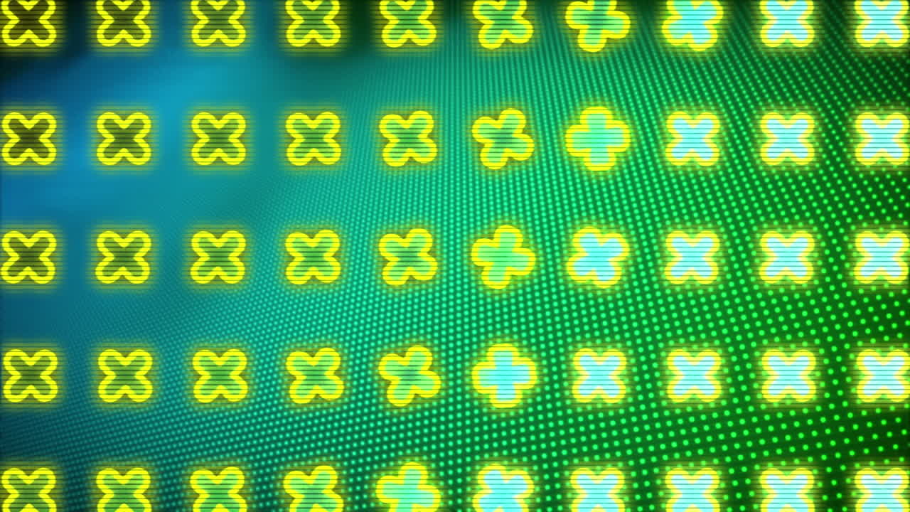 파란색과 노란색 배경 위에 여러 개의 십자가의 애니메이션