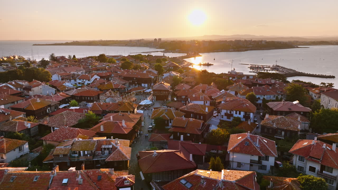 Aerial drone view of the old town Nessebar, Bulgaria at sunset