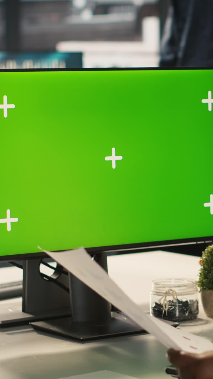 Vertical video Employee at work using isolated screen PC display to finish project tasks