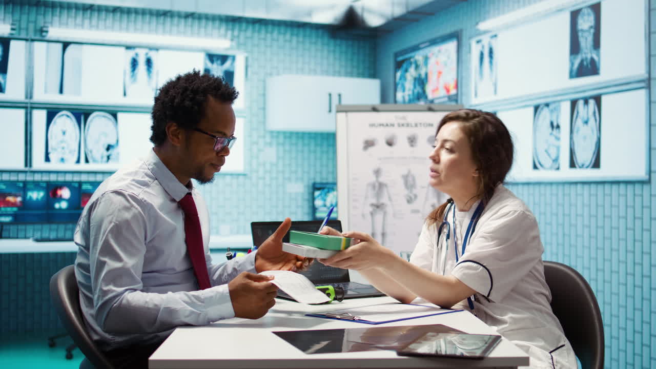 Woman physician offering drugs and painkillers on prescription medicine