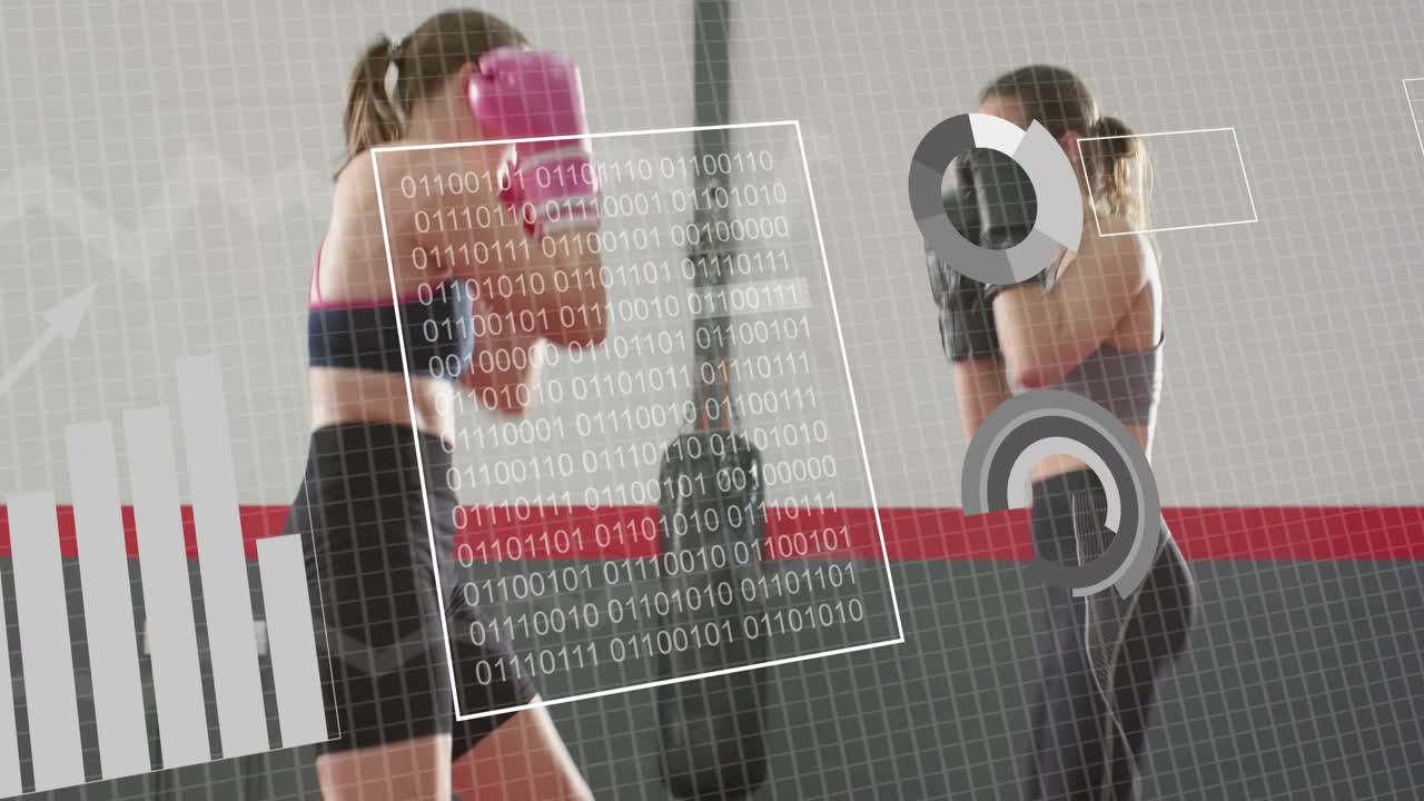 Two women training in gym, partner angling pads, pink gloves hitting mitts, HUD centering over pair