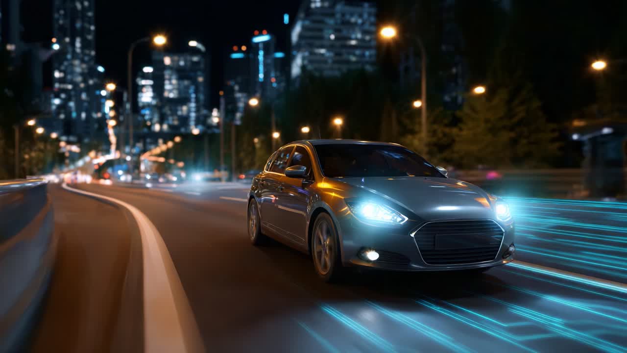 Guida notturna dinamica: uno sguardo a una berlina elegante che attraversa un paesaggio urbano con luci vivaci e scie di movimento futuristiche