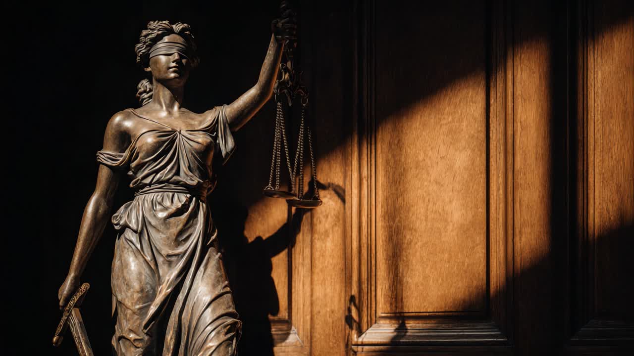 A Stunning Representation of Justice: A Blindfolded Lady Holding Scales and Sword in an Illuminated Space, Symbolizing Fairness, Law, and Integrity