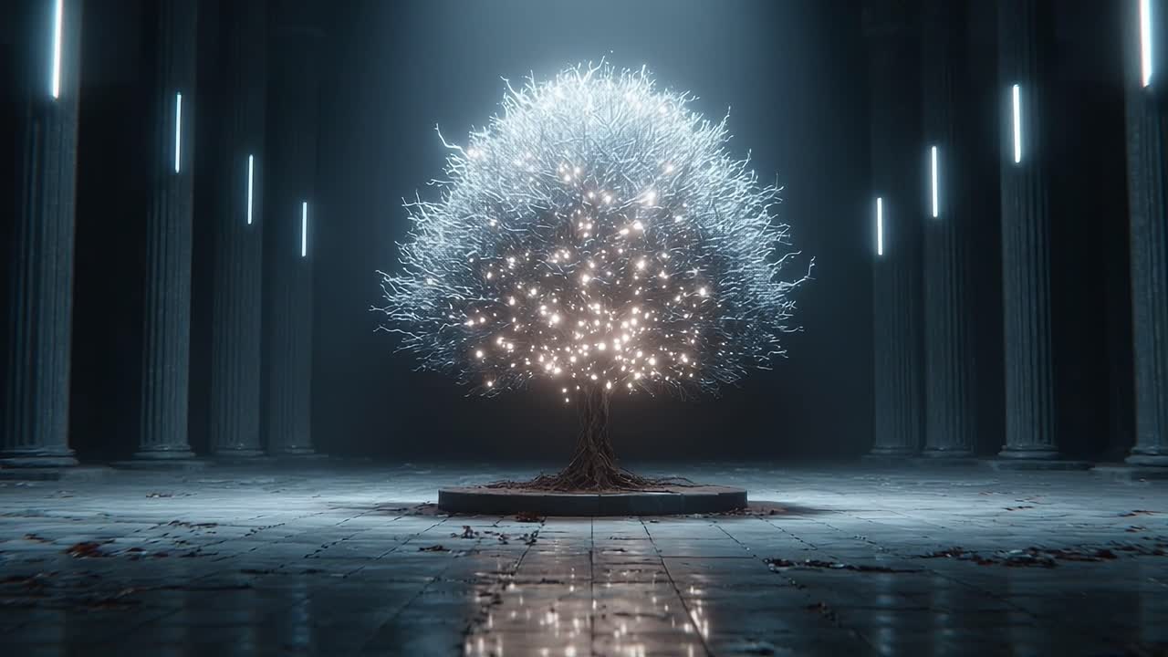 A Majestic Glowing Tree Illuminated in a Darkened Temple, Surrounded by Elegant Columns and Flickering Light in a Serene Atmosphere