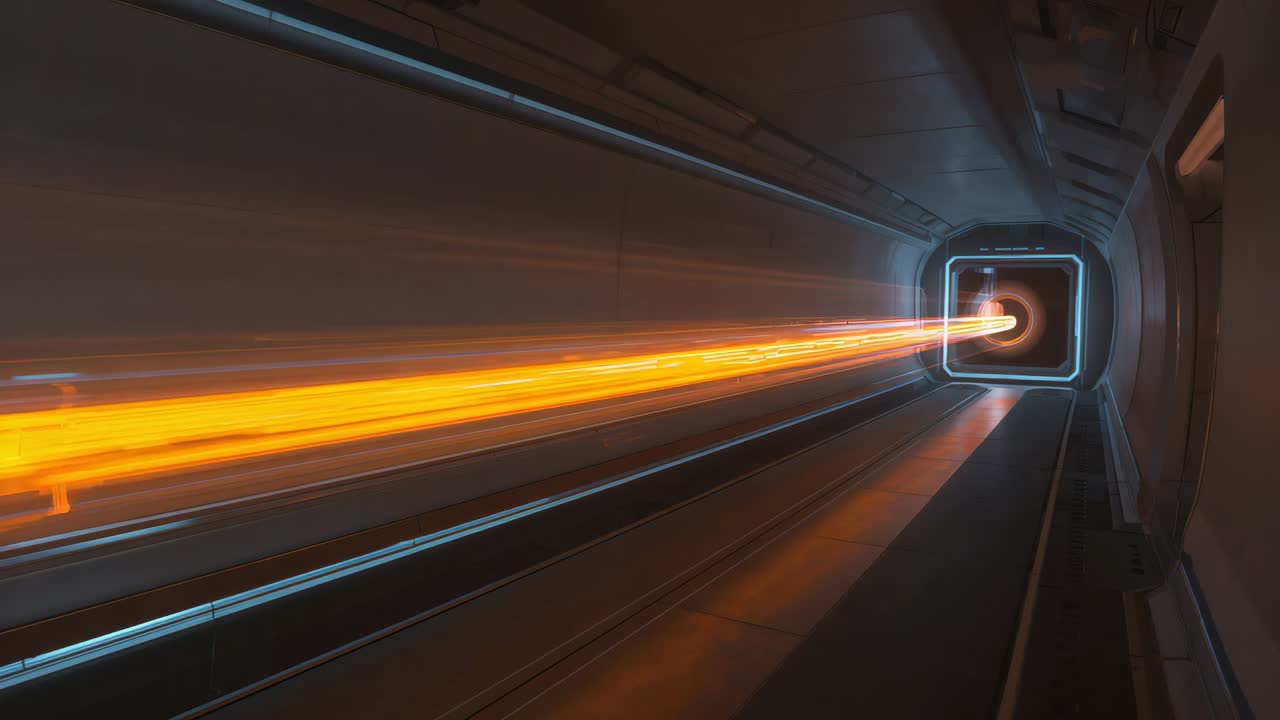 Portal activating, bright orange trail running through long transit tube, brightening reflections