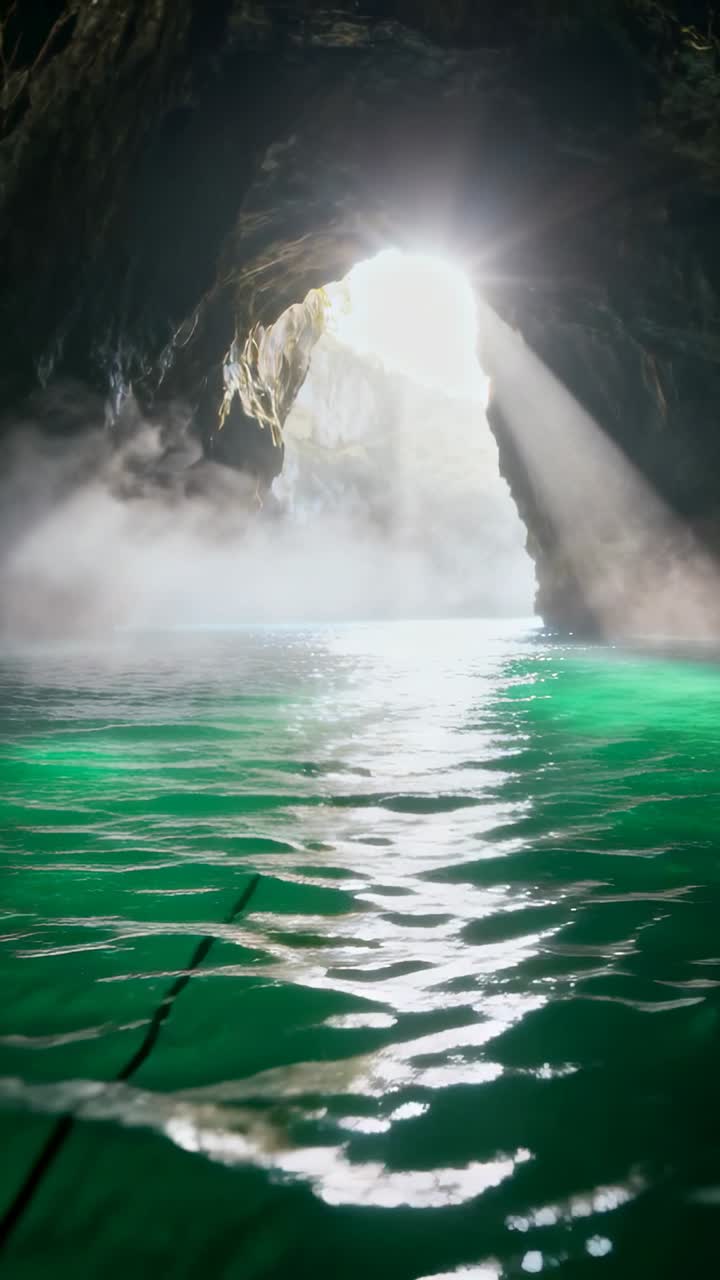 Video verticale: Barca alla deriva che scivola sulla marea verso un arco luminoso, la cui luce crea increspature verdi e nebbiose.