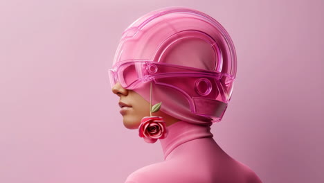 futuristic fashion portrait with pink helmet and rose