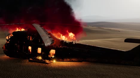 burned military helicopter in the desert at sunset