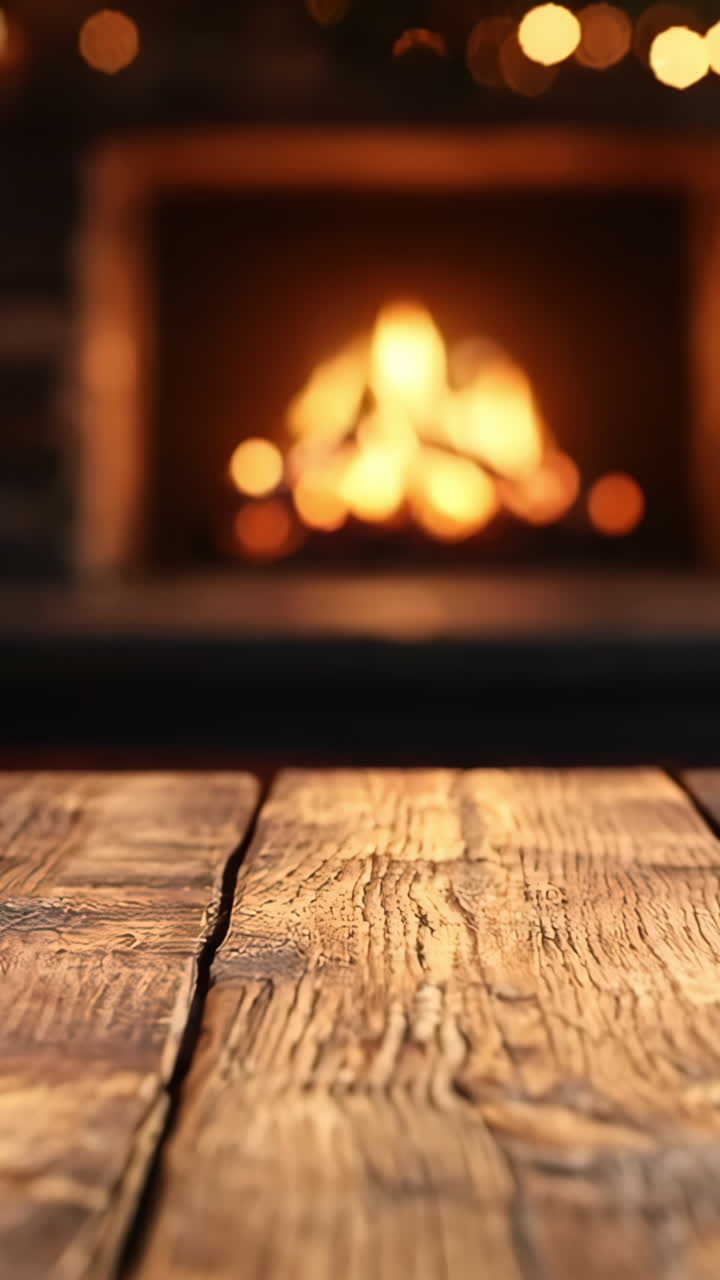 A wooden table with a fireplace in the background. The fireplace is lit and the room is warm and cozy
