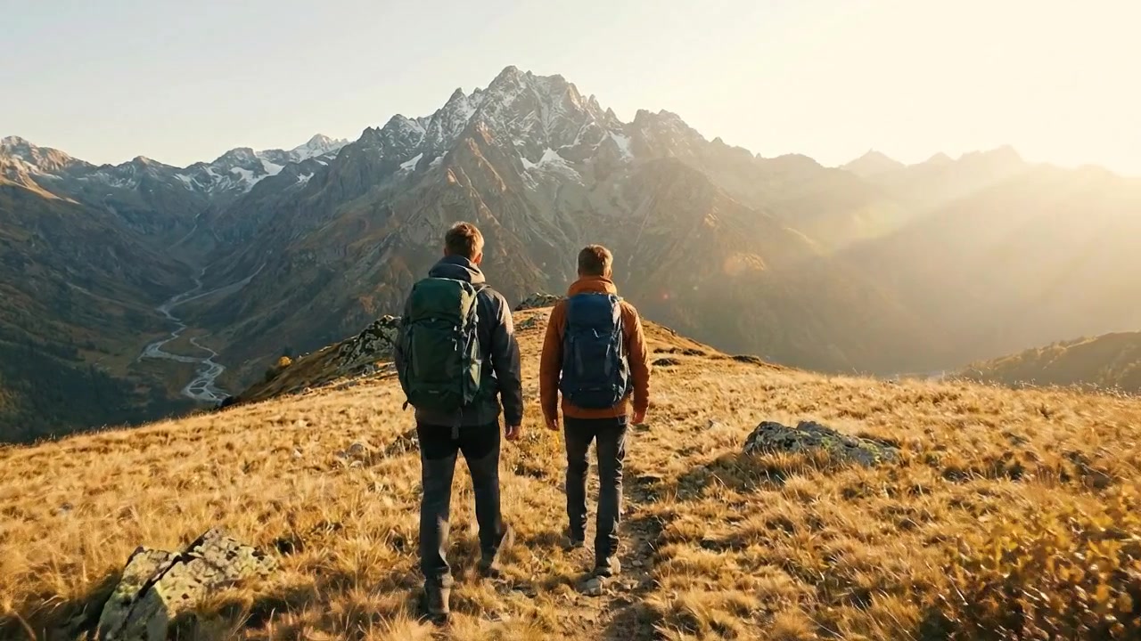 Filmato di escursionismo all'aperto e avventura nella natura con persone che esplorano paesaggi montani e forestali panoramici